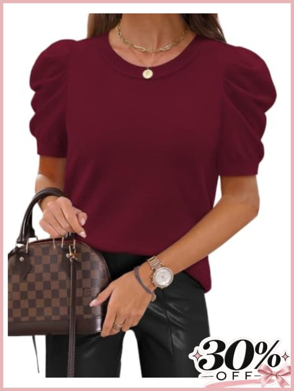 Puff Sleeve Knit Sweater Women Crewneck Short Sleeve Blouse Workwear